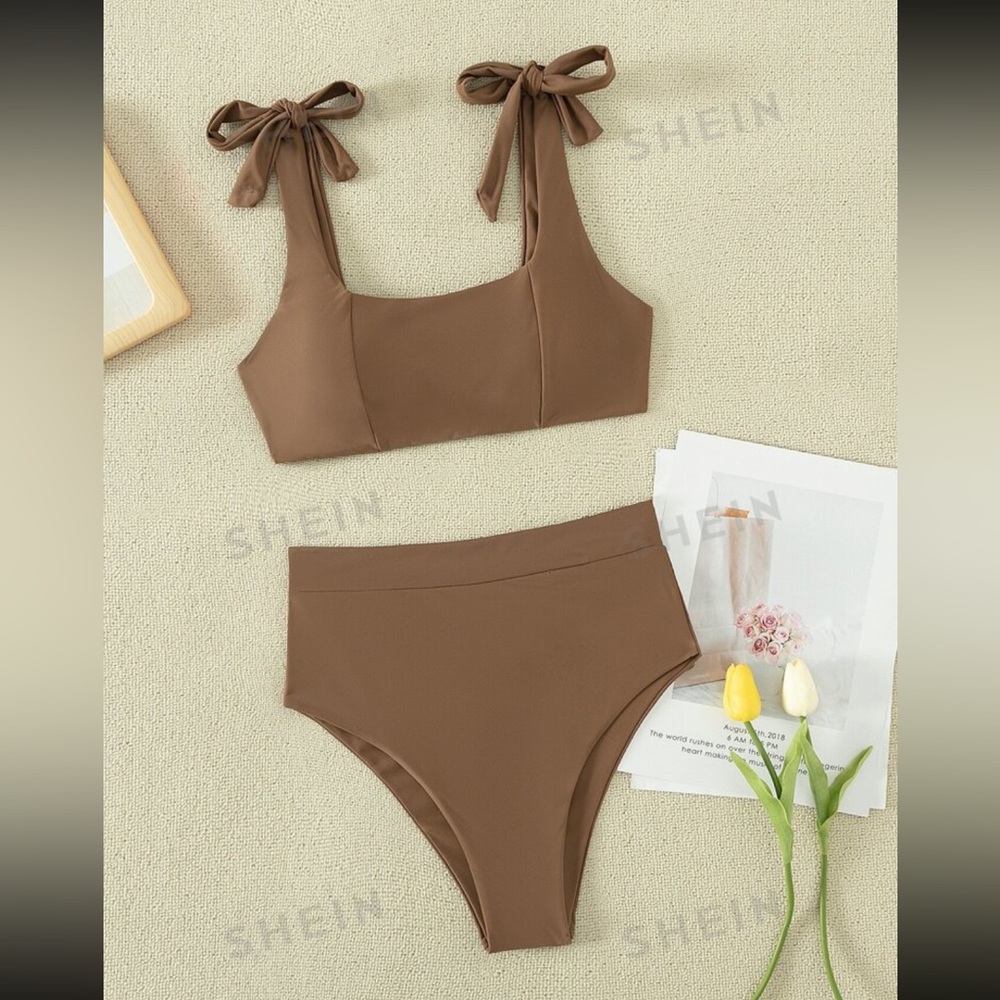 Like new! Shein swim Vcay Tor Shoulder Bikini swimsuit light brown - Picture 2 of 3